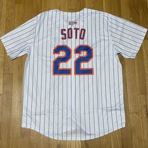 NYM SOTO 22 White and Blue Striped Jersey